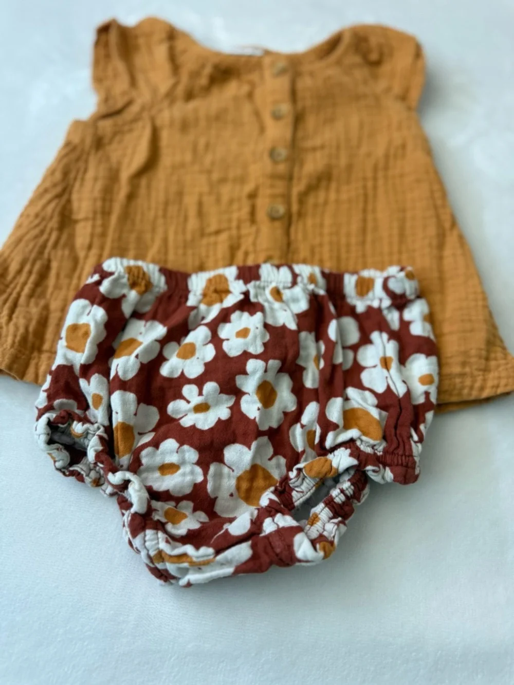Cat & Jack Mustard Button Romper with Rust Floral Diaper Cover